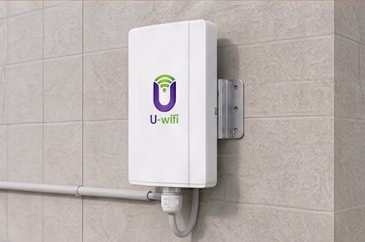 U-wifi gateway securely mounted with metal hardware on a tiled wall, showing bottom cable management.