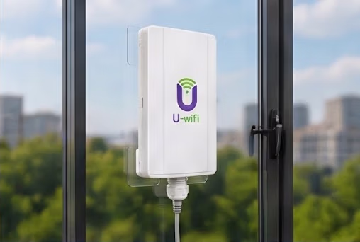 Gateway de U-wifi instalado directamente sobre una ventana de vidrio con vista a la ciudad al fondo.