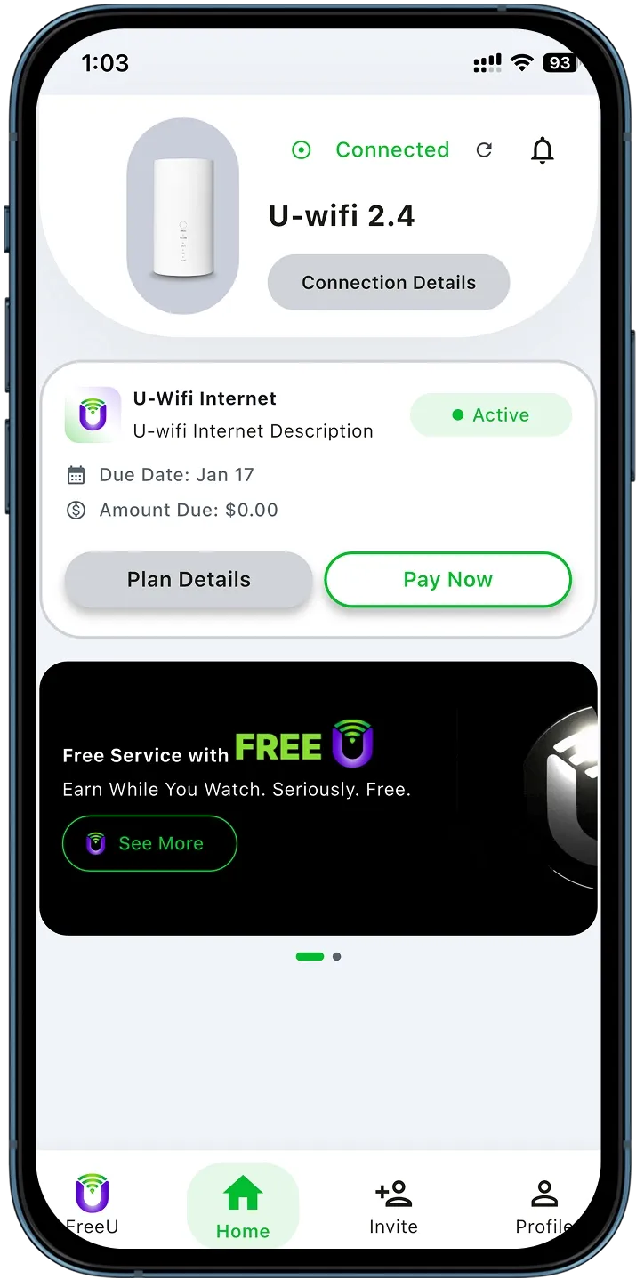Captura de pantalla de inicio de la aplicación U-wifi